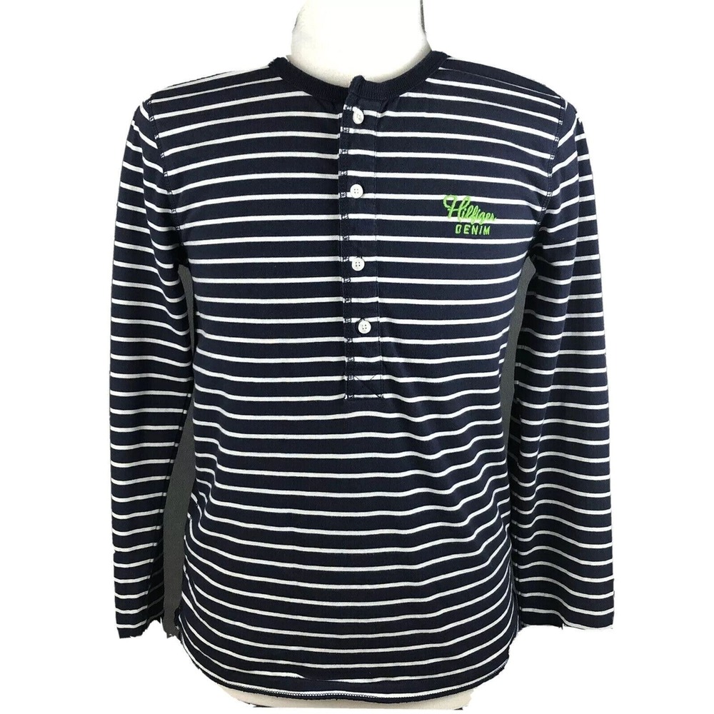 Tommy Hilfiger Denim Long Sleeve Knit Henley Shirt Size Large Striped‎ Spell Out